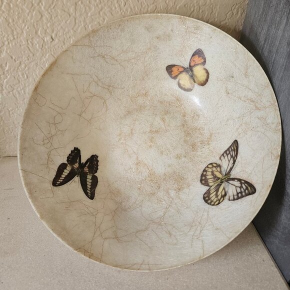 Vintage 60s 70s Gold Beige Fiberglass Real Butterfly MCM Serving Decor Bowl 11" - Picture 1 of 4